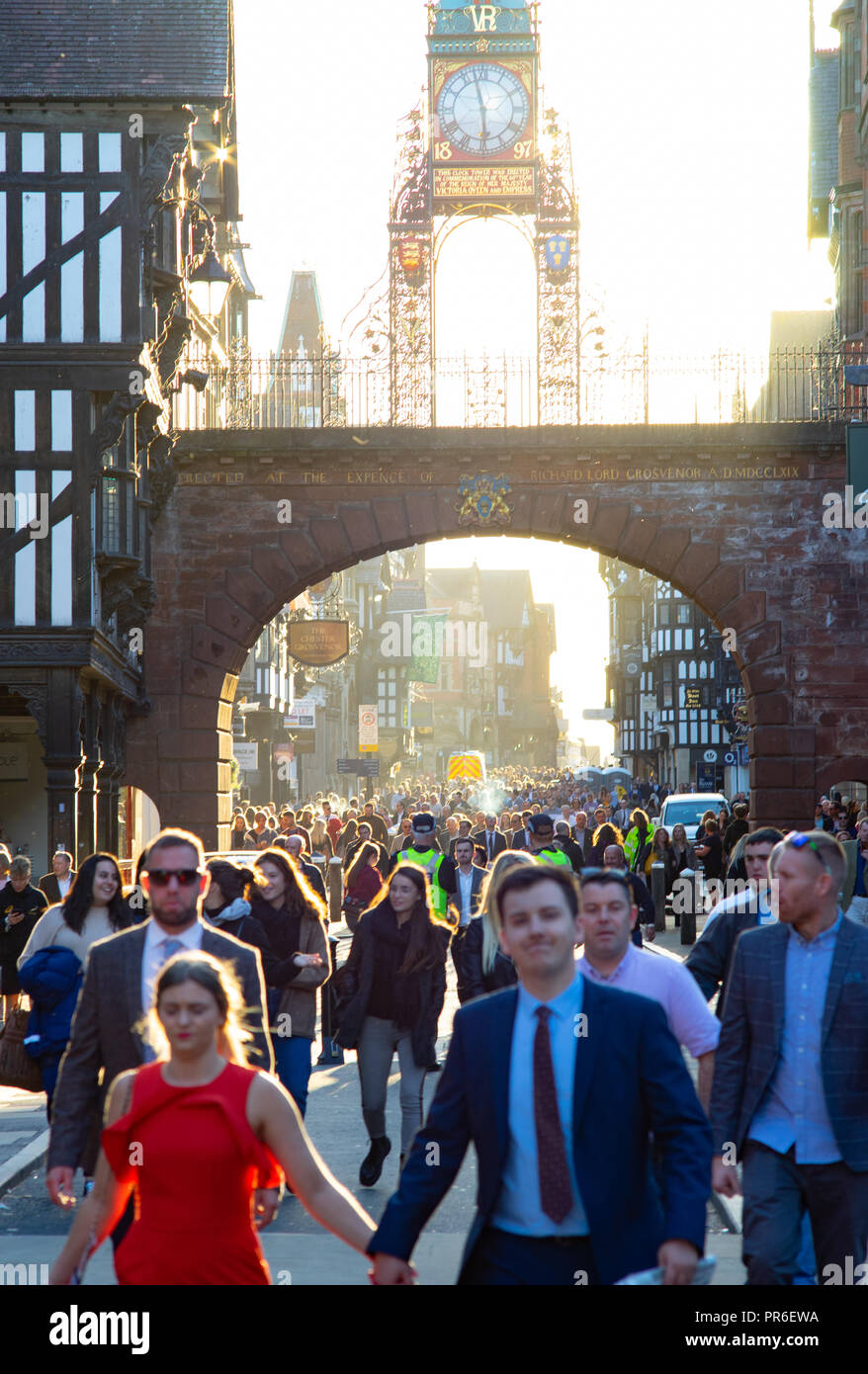 A busy Eastgate street in Chester on Race day. Image taken in September 2018. Stock Photo