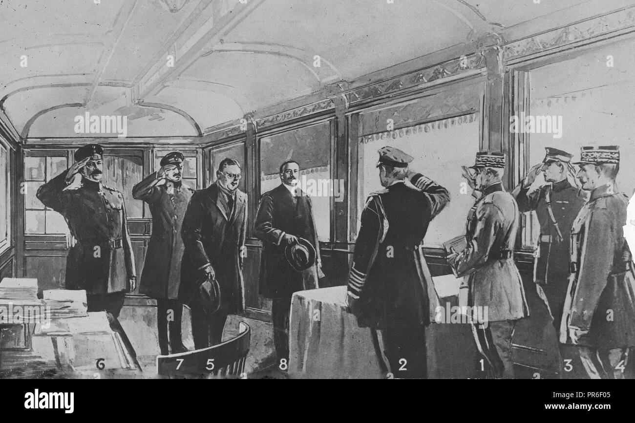 Armistice - Drawing of Recption of German Peace Delegates. Inside the French lines in the railroad car of Marshal Foch. The reception of the delgates in the car. They are (1) Marshal Foch: (2) Admiral Weymiss: (3) An American delegate, probably General Rhodes: (4) General Weygand: (5) M. Erzberger: (6) Gernal von Gundoll: (7) Gernal von Winterfield: (8) Count Oberndorff Stock Photo