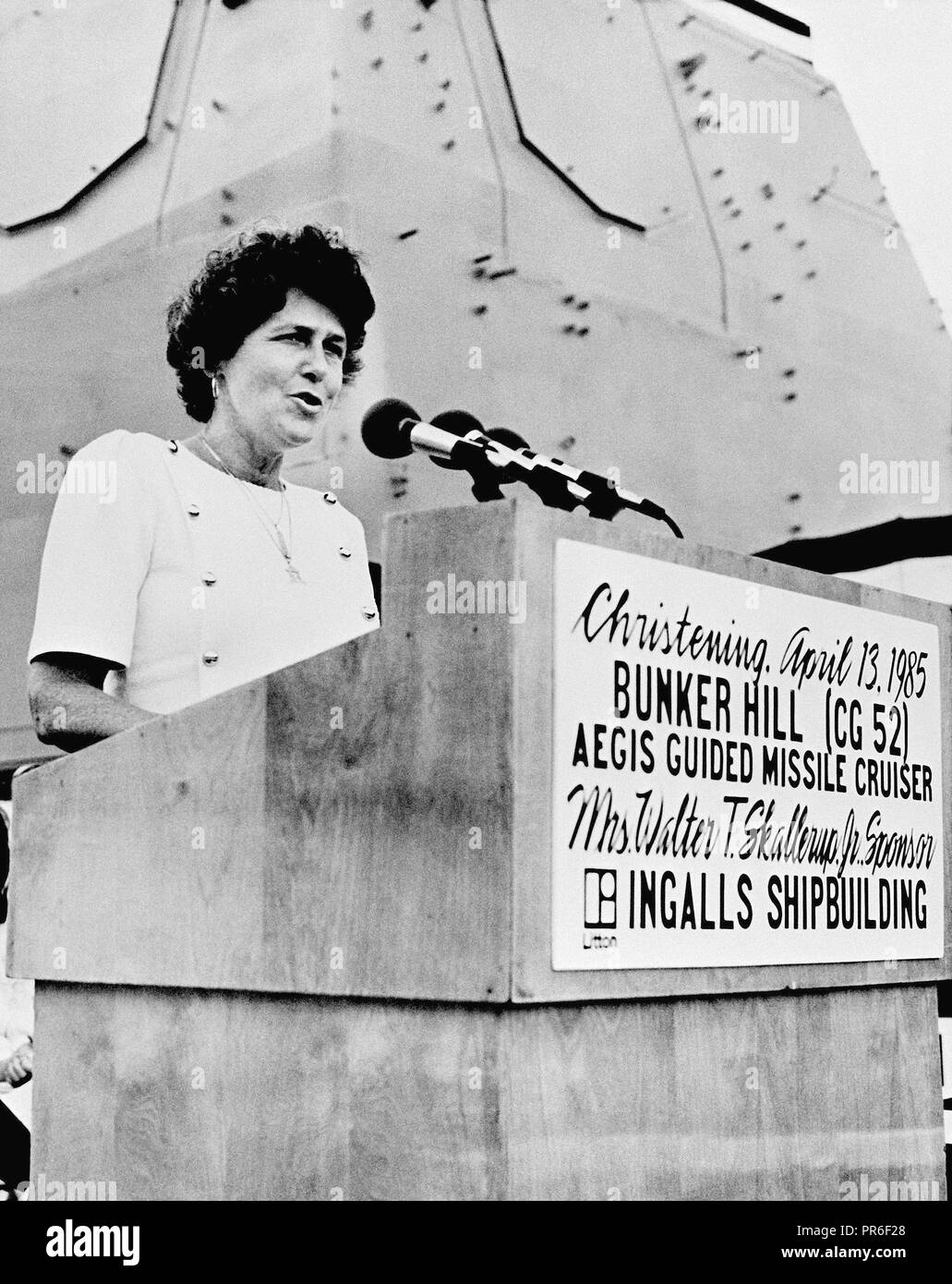 Rep. Beverly Byron, D-Maryland, and a member of the House Armed Services Committee, speaks during the christening of the guided missile cruiser USS BUNKER HILL (CG 52). Stock Photo