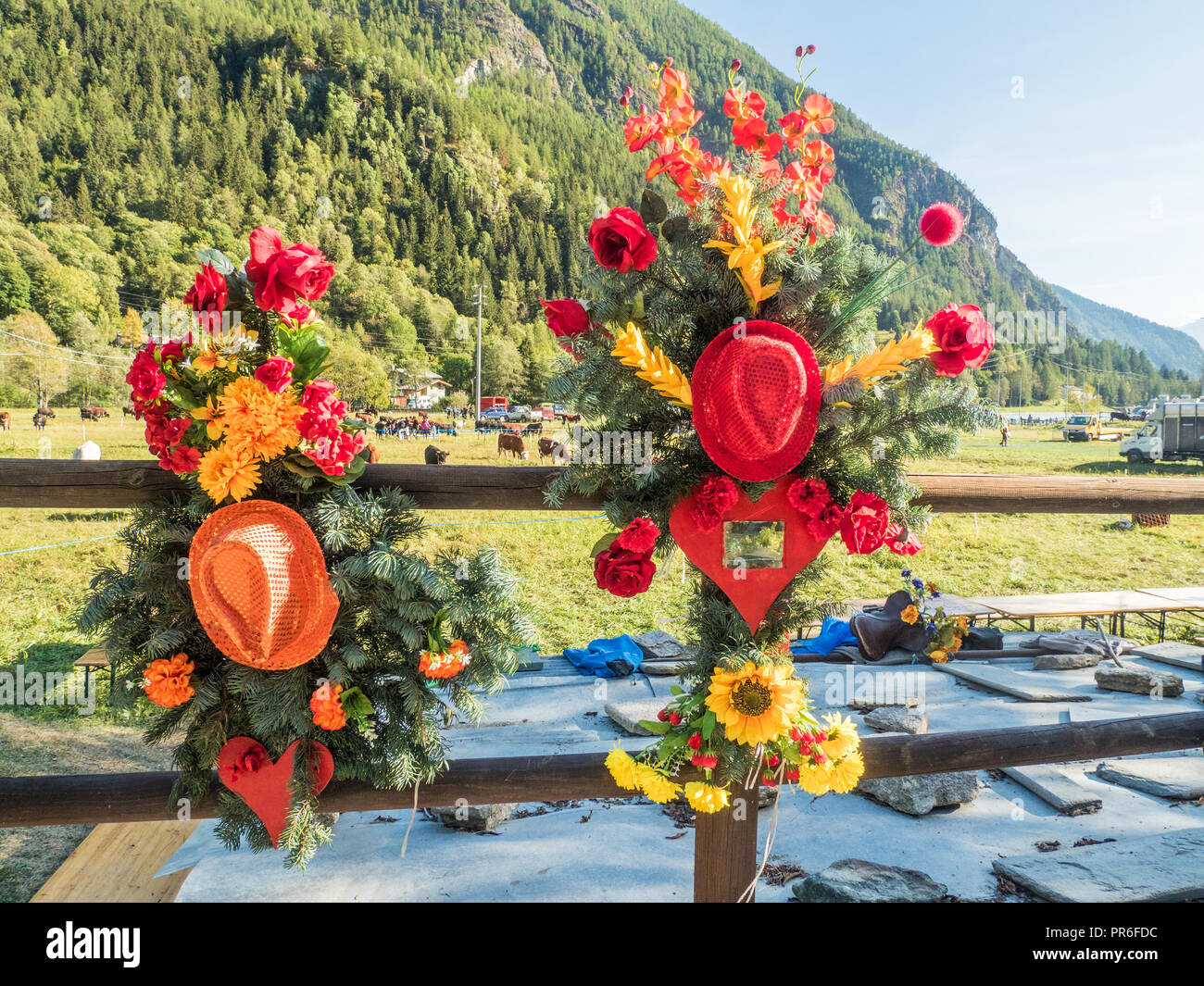 Floral display during a cow festival in village of Maen approx. 10km south of the town of Breuil Cervinia. Stock Photo