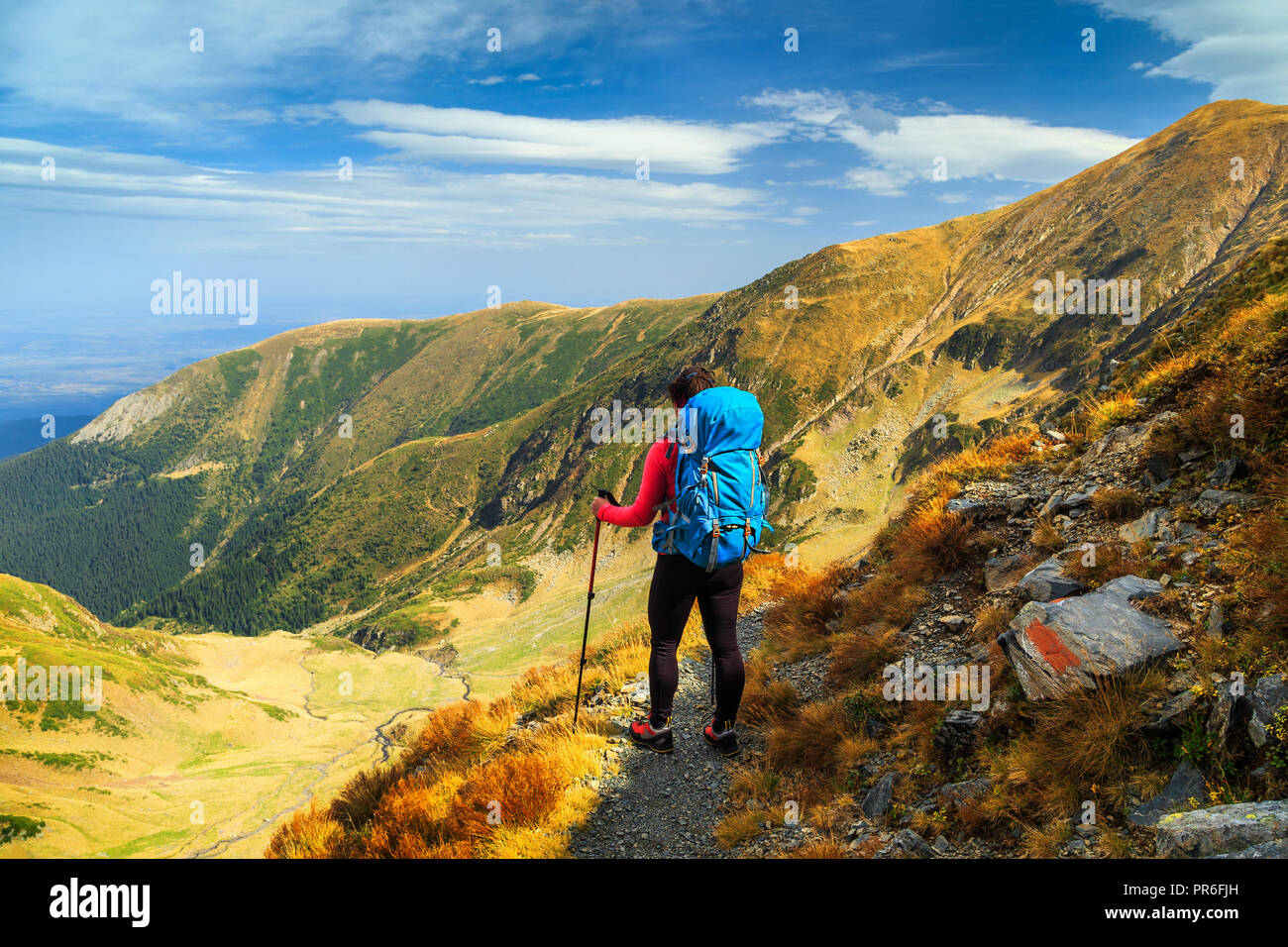 Sporty hiker woman with backpack on alpine hiking trails, Fagaras mountains, Carpathians, Romania, Europe Stock Photo