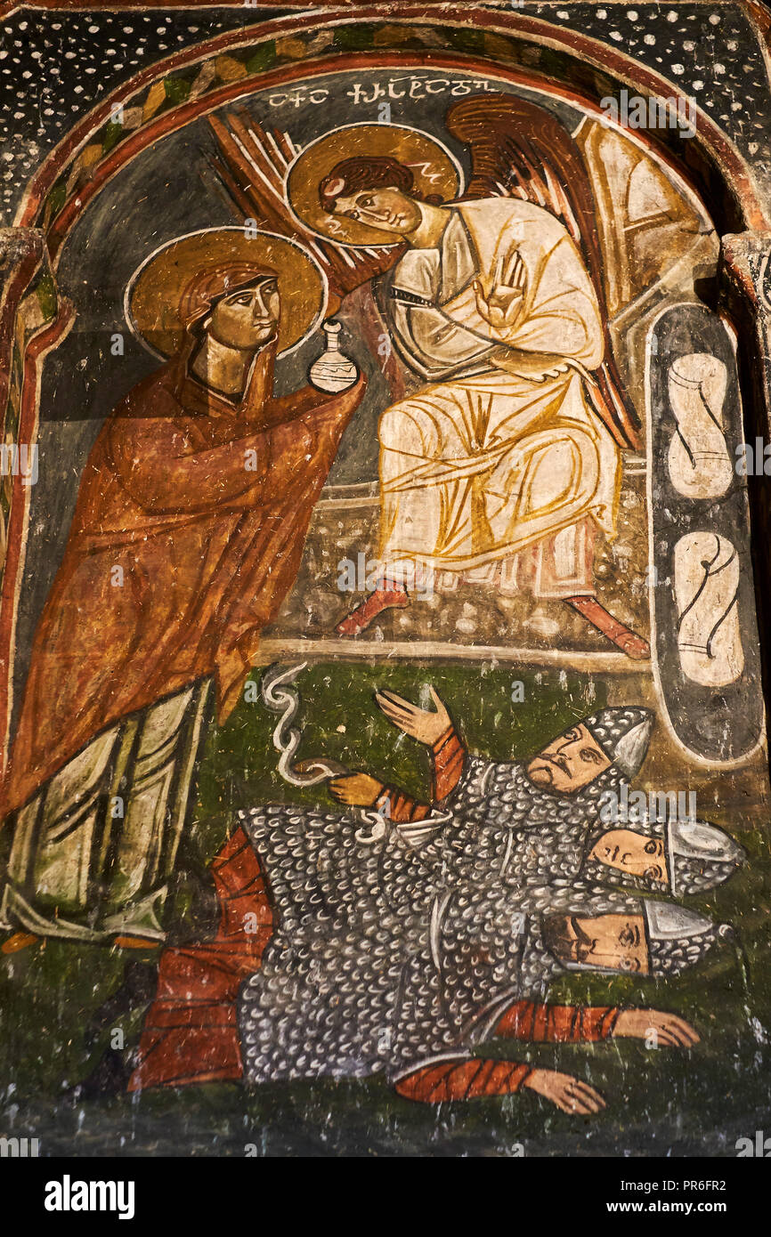 Georgia, Svaneti, Mestia, frescoes from 12 century inside St George church Stock Photo