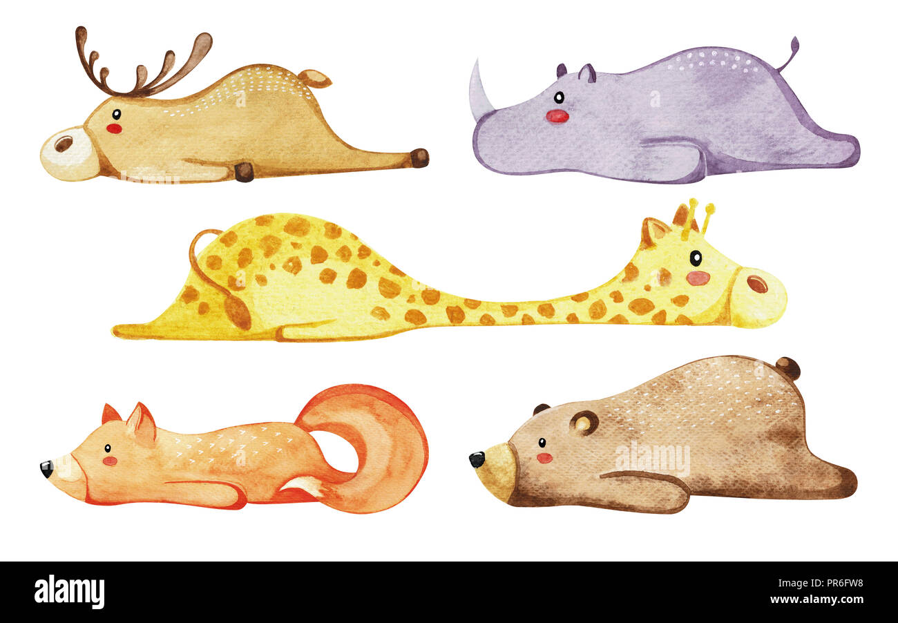 Set of different cute animals. Lazy animals. Watercolor Stock Photo - Alamy Set of different cute animals. Lazy animals. Watercolor Stock Photo - Alamy