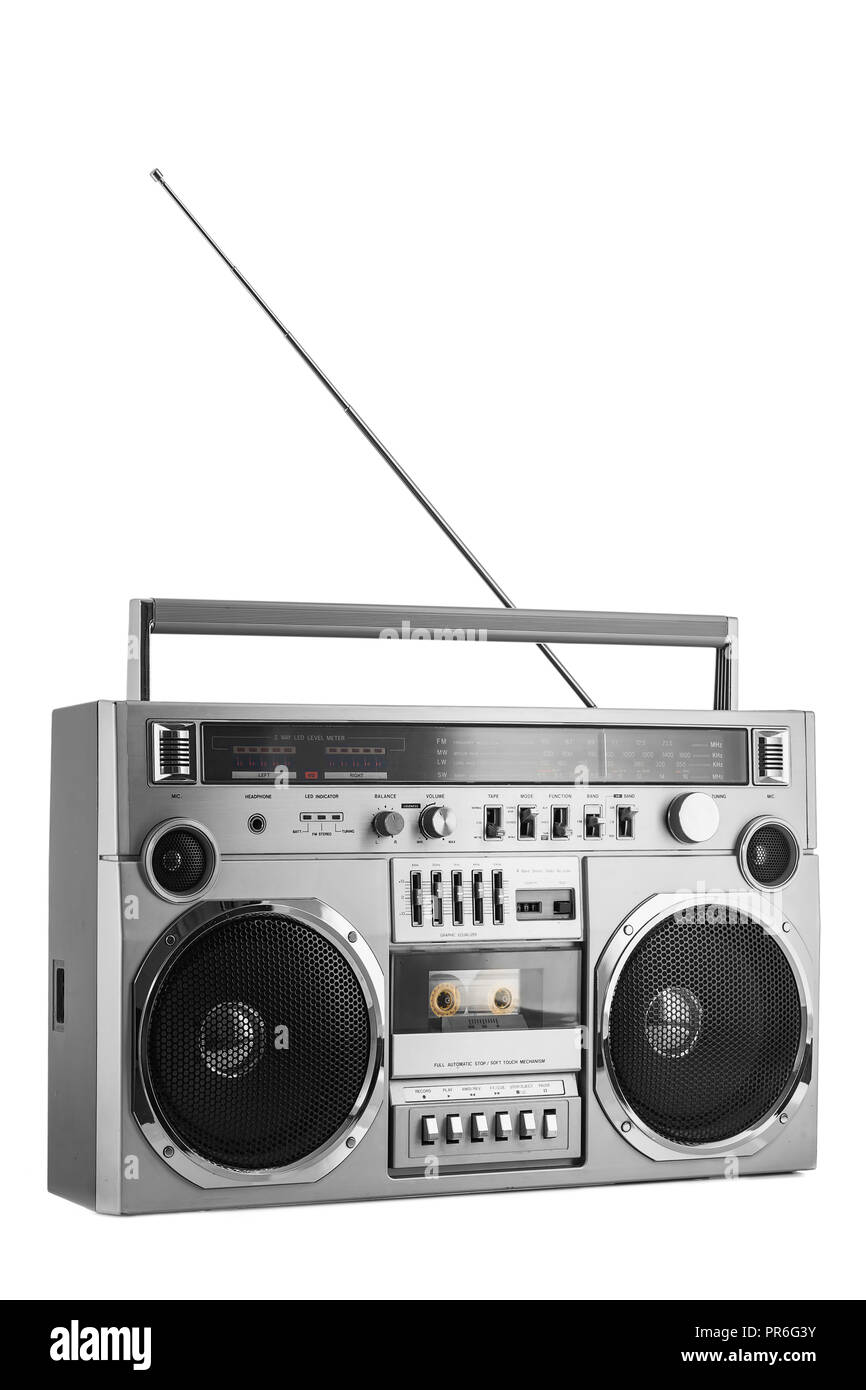 1980s Silver retro radio boom box with antenna up isolated on white background. Stock Photo