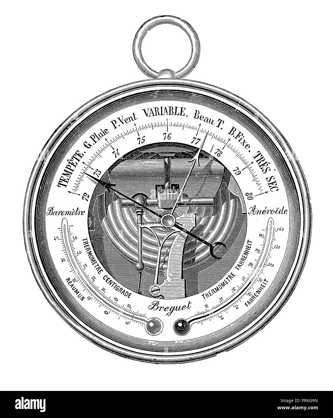 19-th century illustration of aneroid, a type of barometer operated by the movement of the elastic lid of a box exhausted of air. Published in Novovek Stock Photo