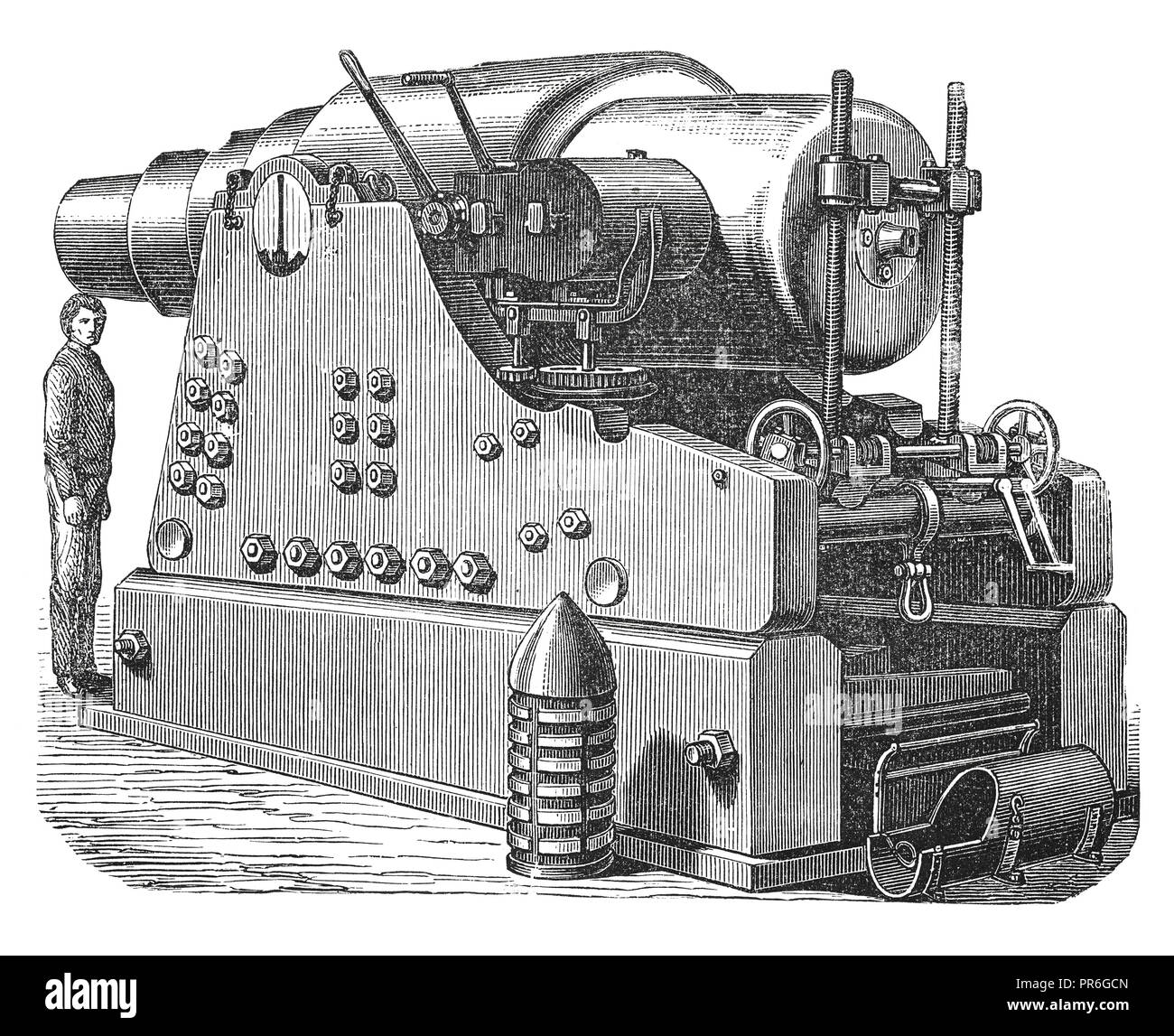 19-th century illustration of Krupp 's  1000 pounds cannon. Published in 'Novoveki Izumi u znanosti, obrtu i umjetnosti' by dr. Bogoslav Sulek, dr. Mi Stock Photo