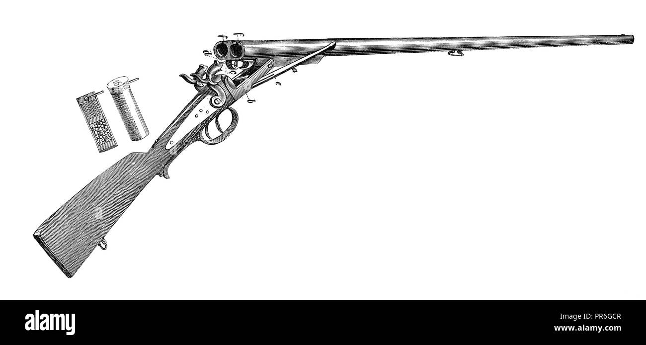 19-th century illustration of a Lefaucheux hunting rifle, open and charge. Published in 'Novoveki Izumi u znanosti, obrtu i umjetnosti' by dr. Bogosla Stock Photo
