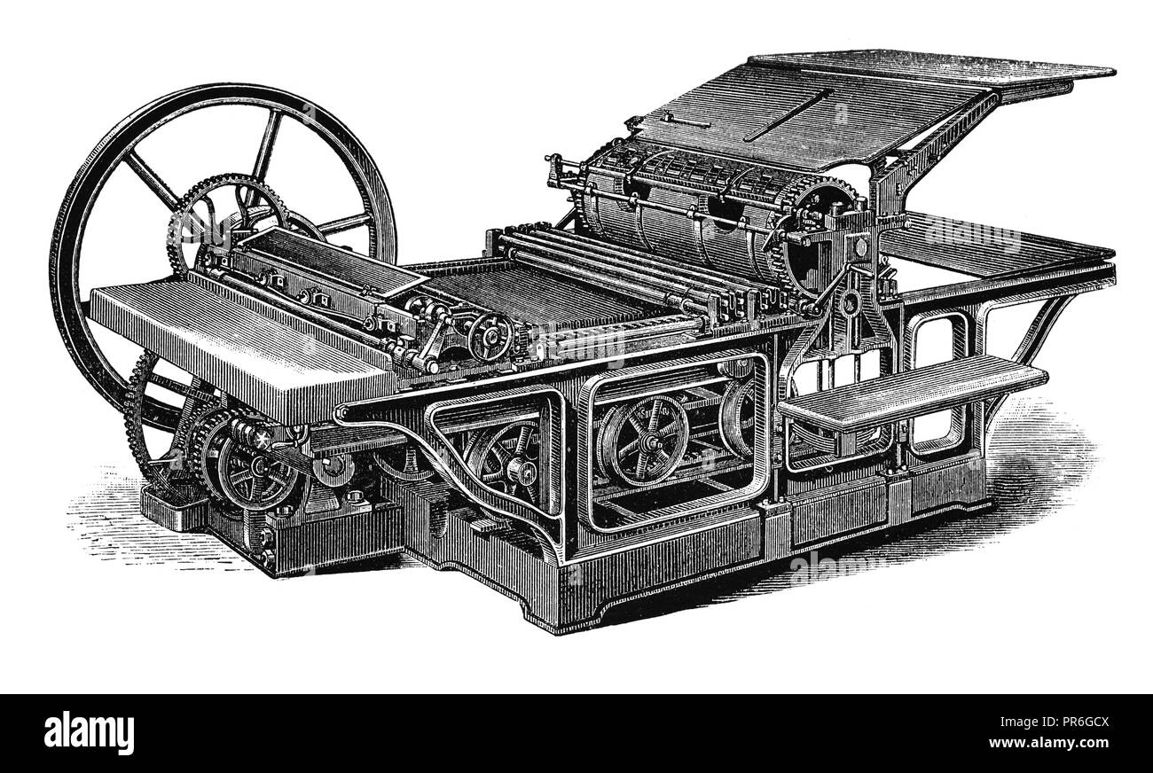 19-th century illustration of lithographic printing machine of Jos, Anger and sons. Published in Novoveki Izumi u znanosti, obrtu i umjetnosti by dr.  Stock Photo