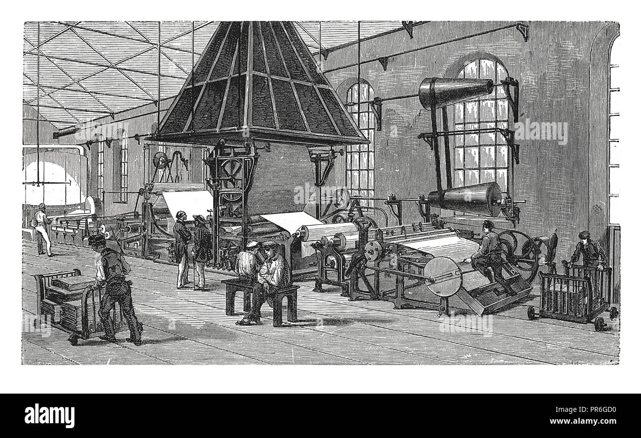 19-th century illustration of a machine for paper manufacturing. Published in Novoveki Izumi u znanosti, obrtu i umjetnosti by dr. Bogoslav Sulek, dr. Stock Photo