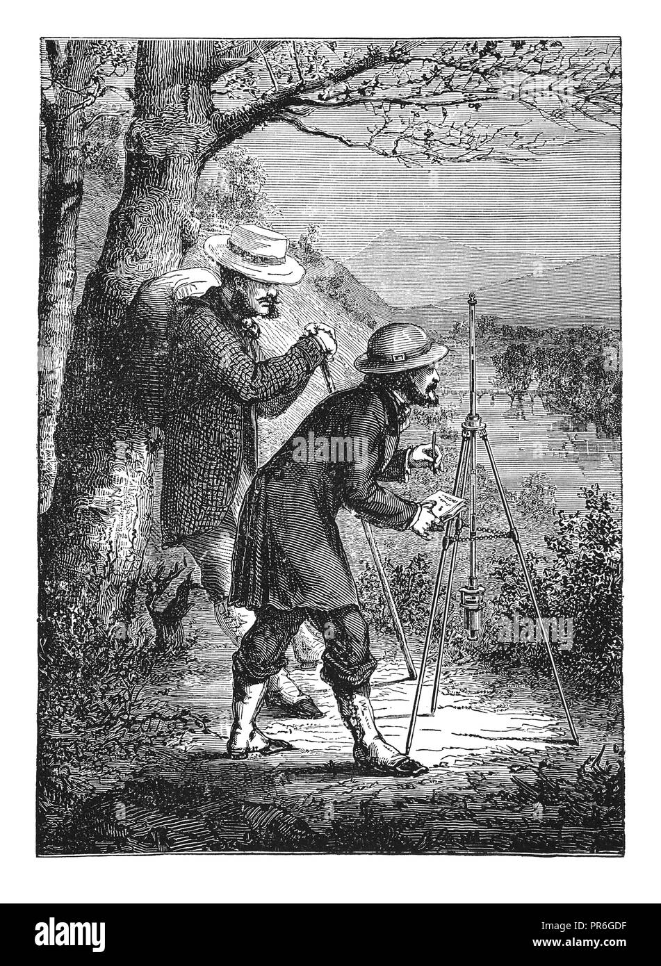 19-th century illustration of a scene where two men monitoring Fortin ...