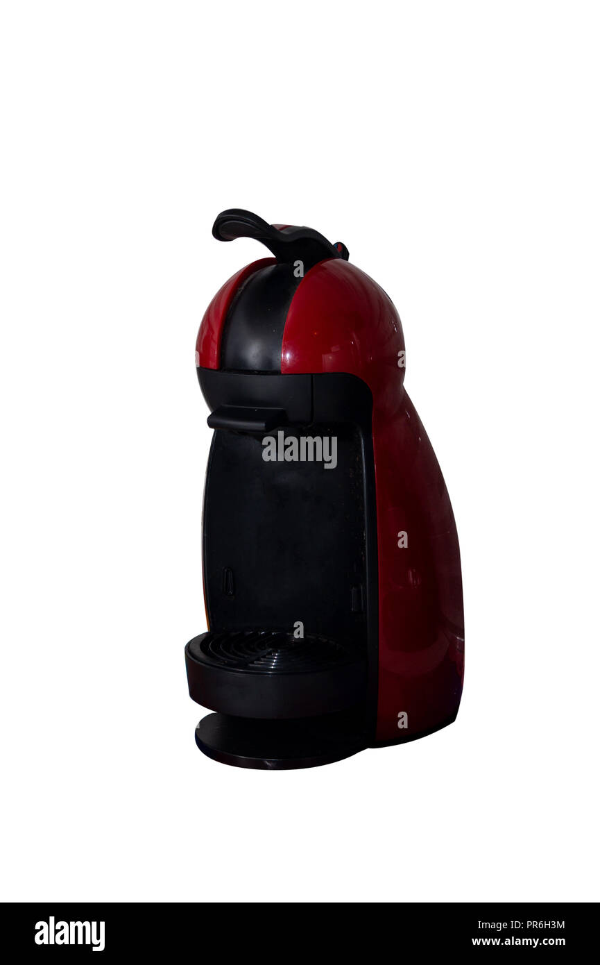 red coffee machine, italian espresso in close up isolated on white