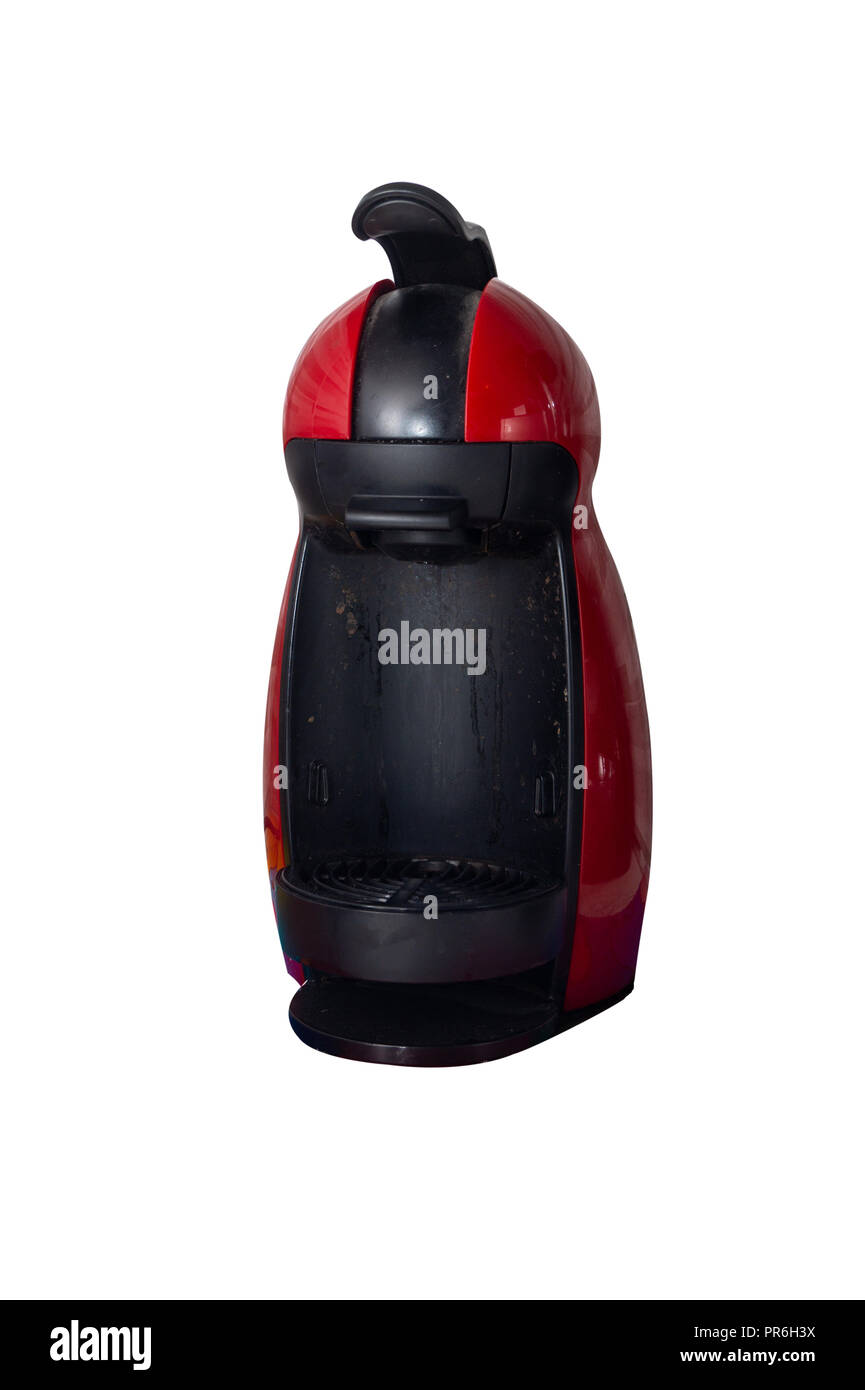 red coffee machine, italian espresso in close up isolated on white