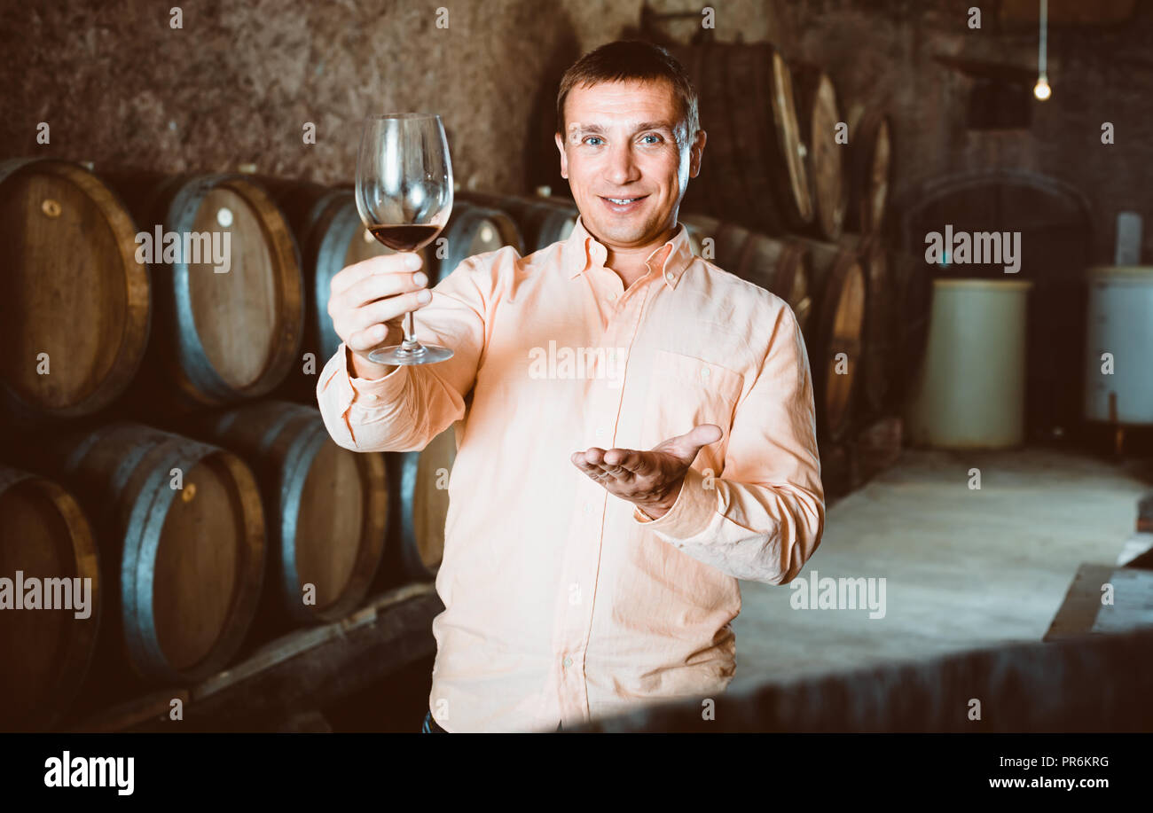 Handsome man posing with glass of wine in winery cellar Stock Photo - Alamy