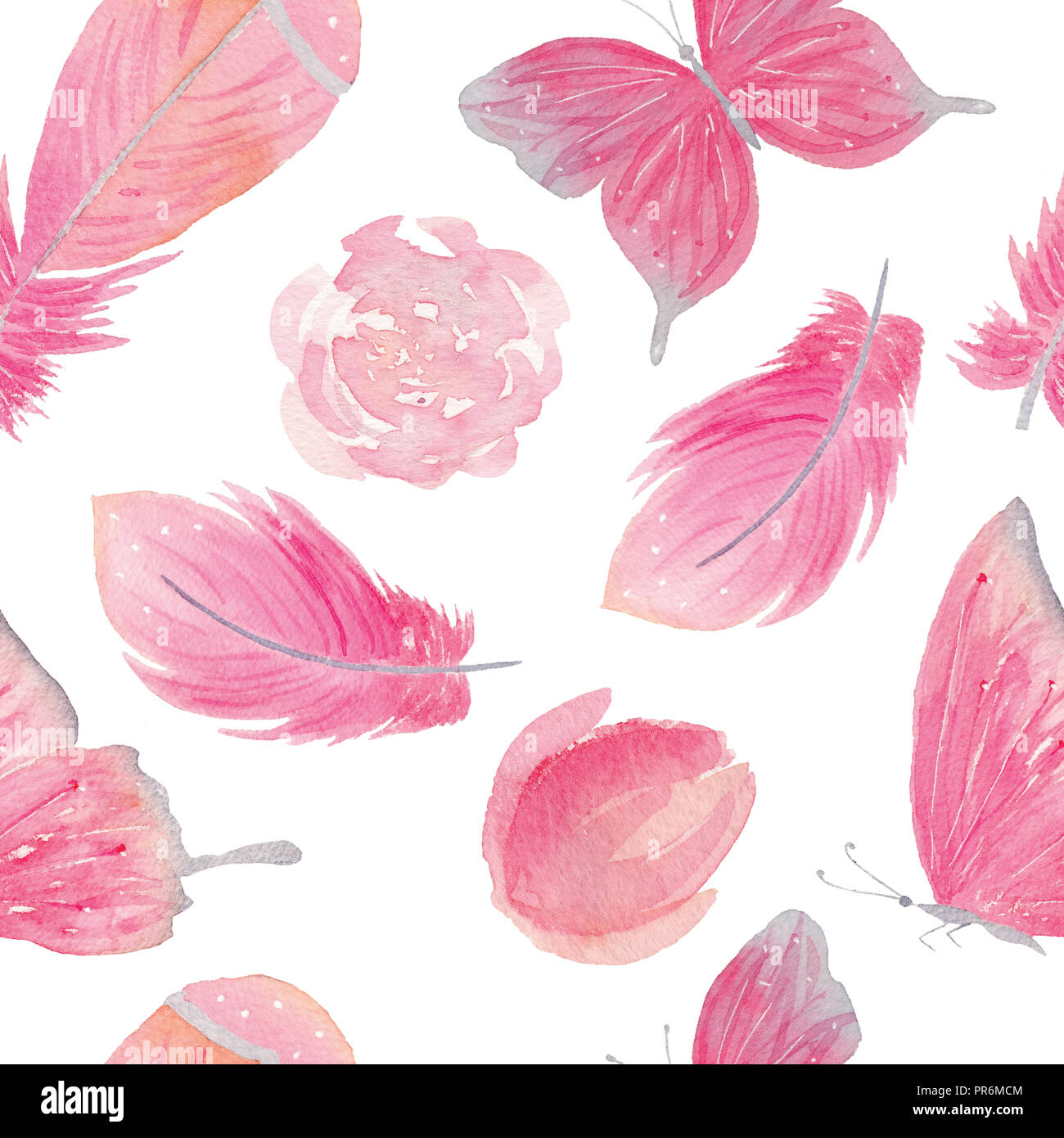 Watercolor pink seamless pattern with butterfly, flower and feathers ...