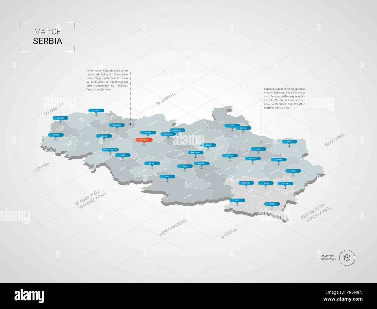 Isometric  3D Serbia map. Stylized vector map illustration with cities, borders, capital, administrative divisions and pointer marks; gradient backgro Stock Vector