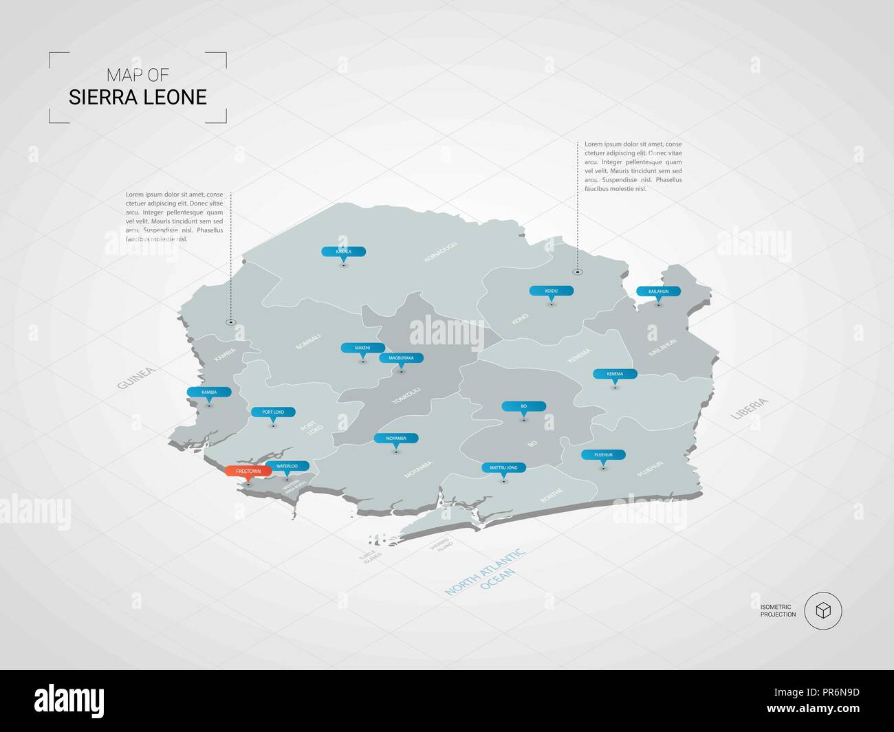 Isometric 3D Sierra Leone map. Stylized vector map illustration with cities, borders, capital, administrative divisions and pointer marks; gradient b Stock Vector