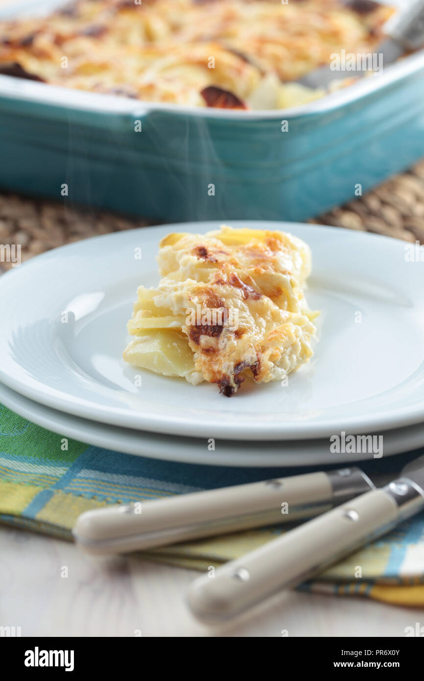 Portion of kohlrabi and potato gratin on a plate Stock Photo