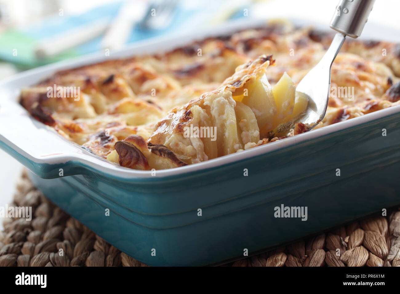 Kohlrabi and potato gratin in a baking dish Stock Photo