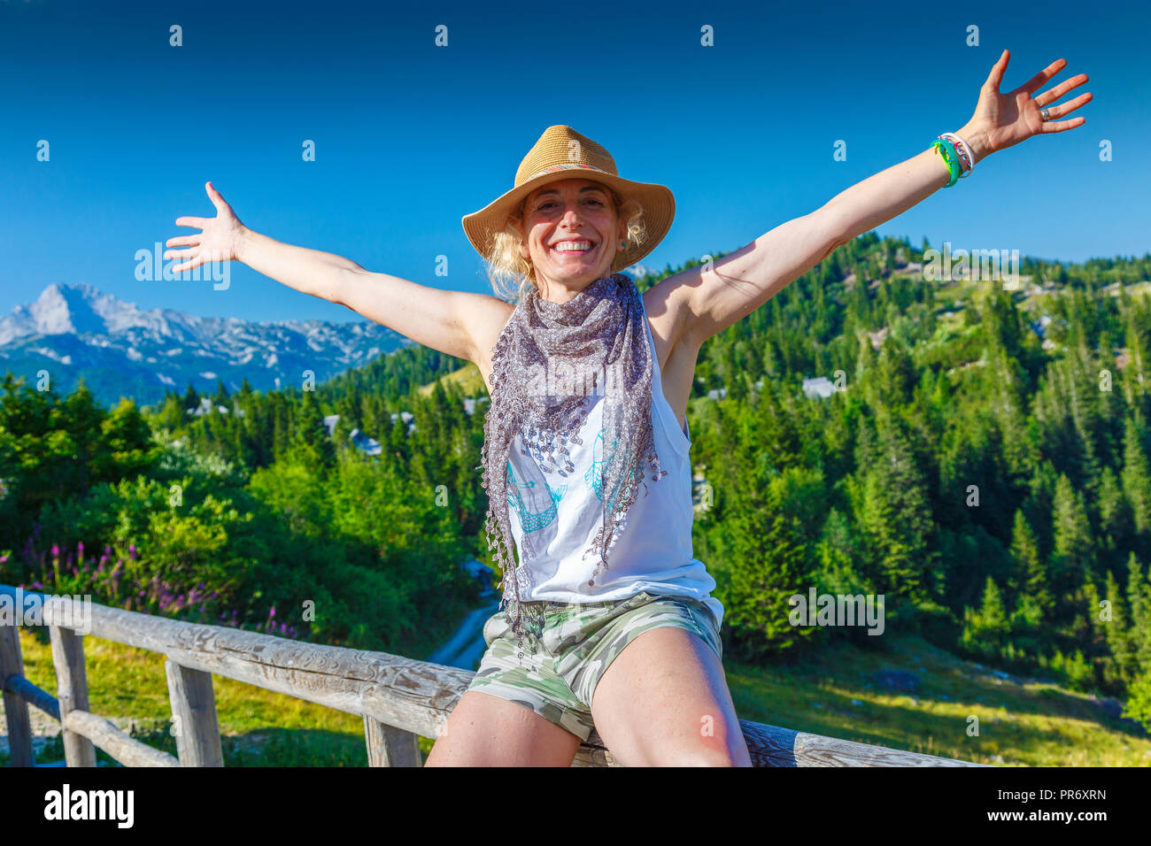 Mountains landscape in summer with woman. Stock Photo