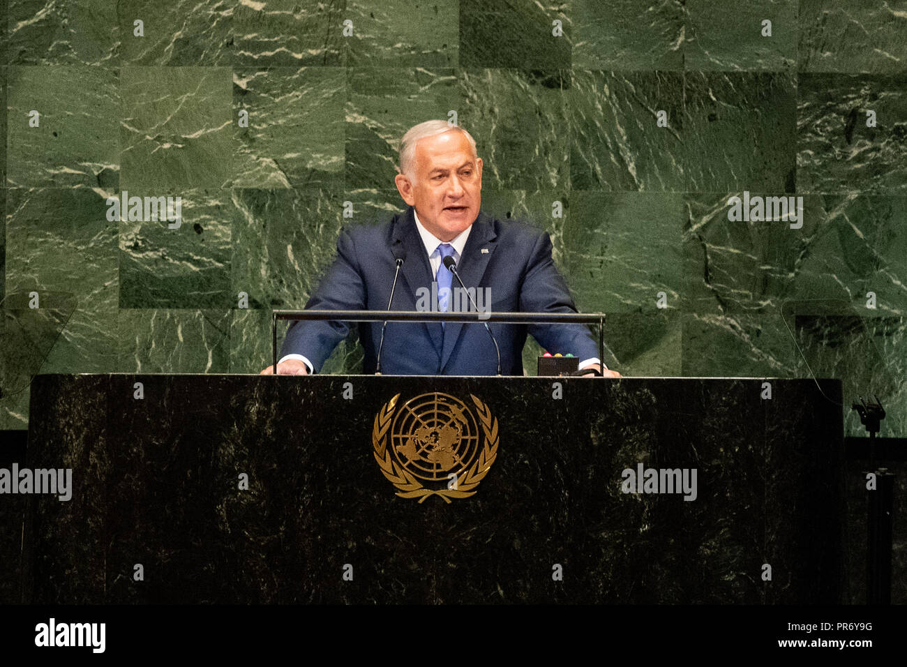 Benjamin Netanyahu, Prime Minister of Israel seen speaking at the United Nations General Assembly General Debate at the United Nations in New York City. Stock Photo