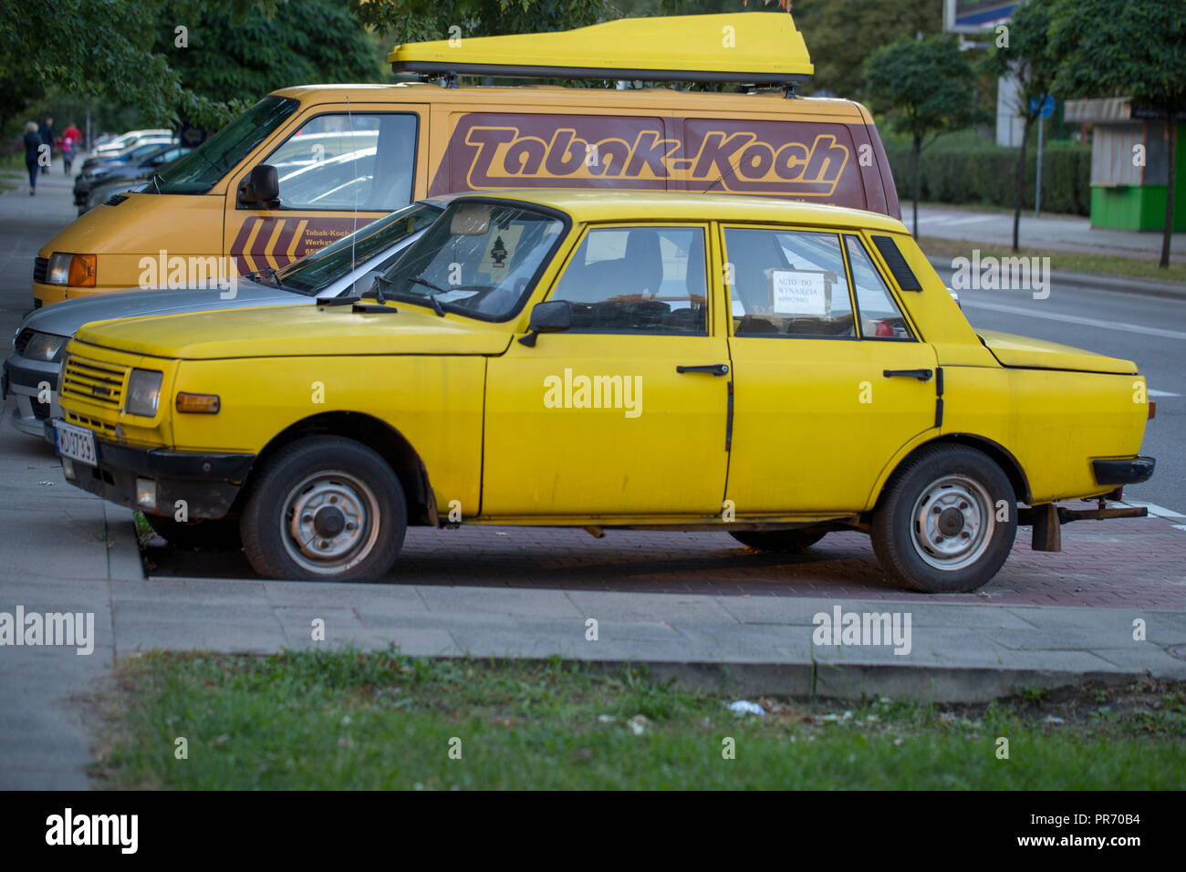 Yellow car Wartburg 353 on a street in Warsaw, Poland Stock Photo