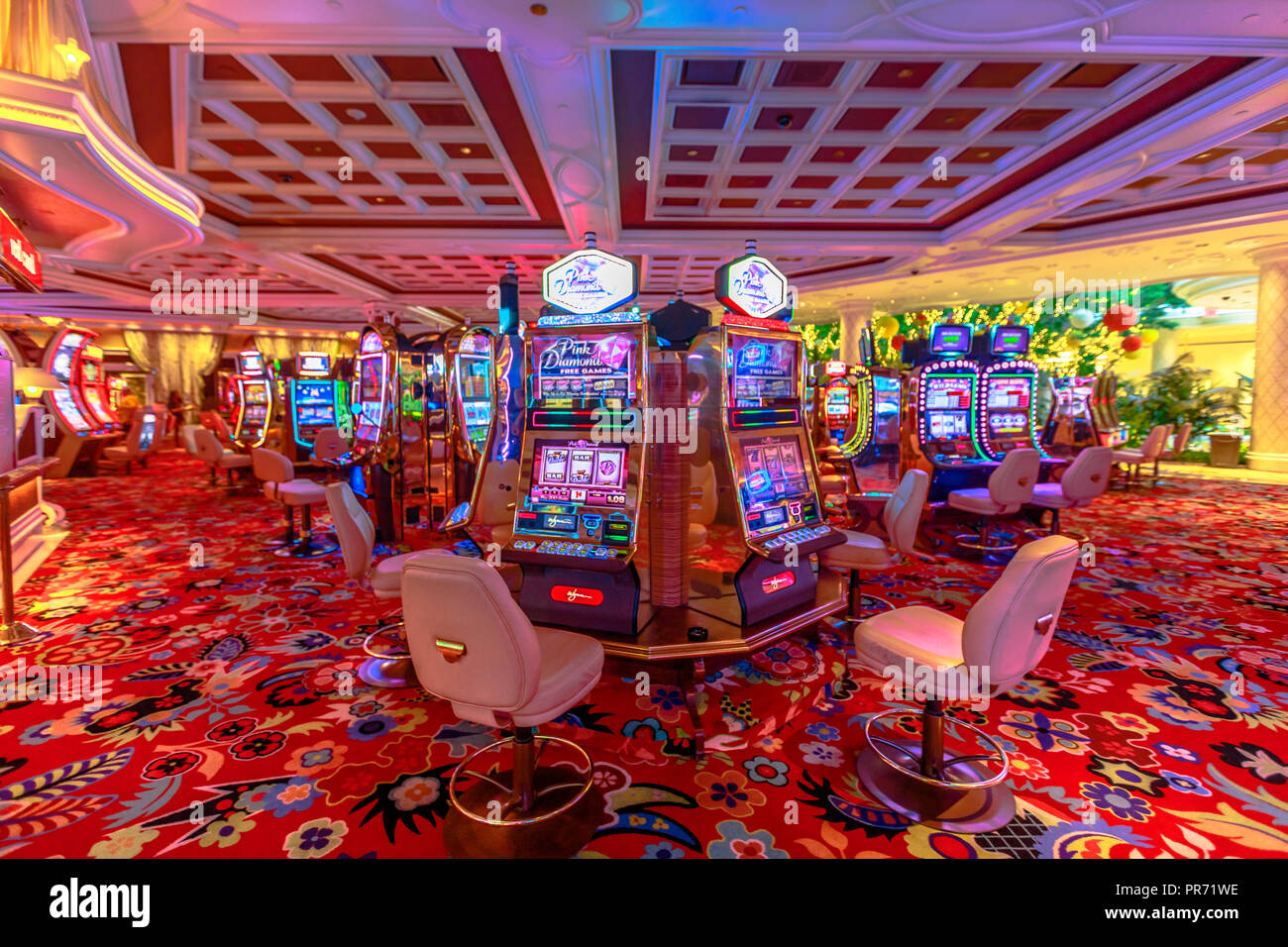 Las Vegas, Nevada, United States - August 18, 2018: slot machine inside luxurious Wynn Resort Hotel, a 5-star, themed Paradise, Las Vegas Strip. The hotel stands in place of old Desert inn. Stock Photo