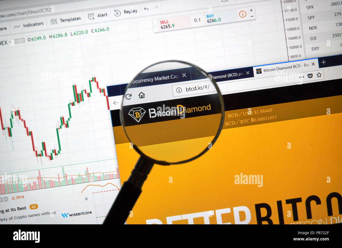 MONTREAL, CANADA - SEPTEMBER 8, 2018: Bitcoin Diamond altcoin site under  magnifying glass. Blockchain is a growing list of records which are linked  us Stock Photo - Alamy