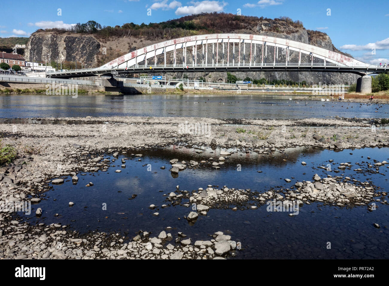 Drought Europe, lack of water in the river bed, Bridge over the Elbe River Usti Nad Labem, Czech Republic Change climate impact, dry river bed Europe Stock Photo