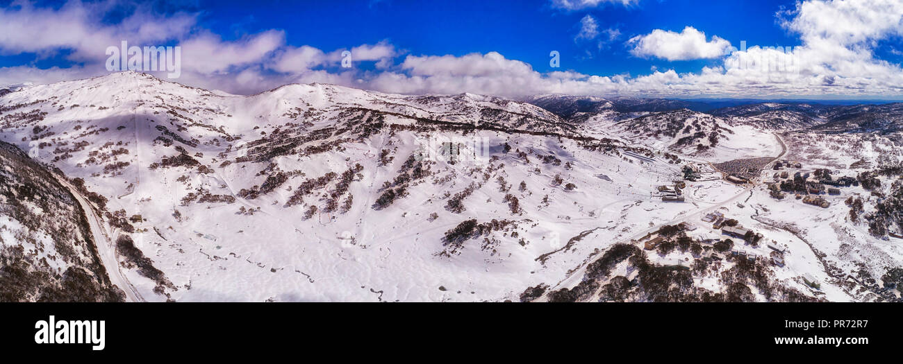 Thick snow cover around Perisher valley ski resort town in Snowy