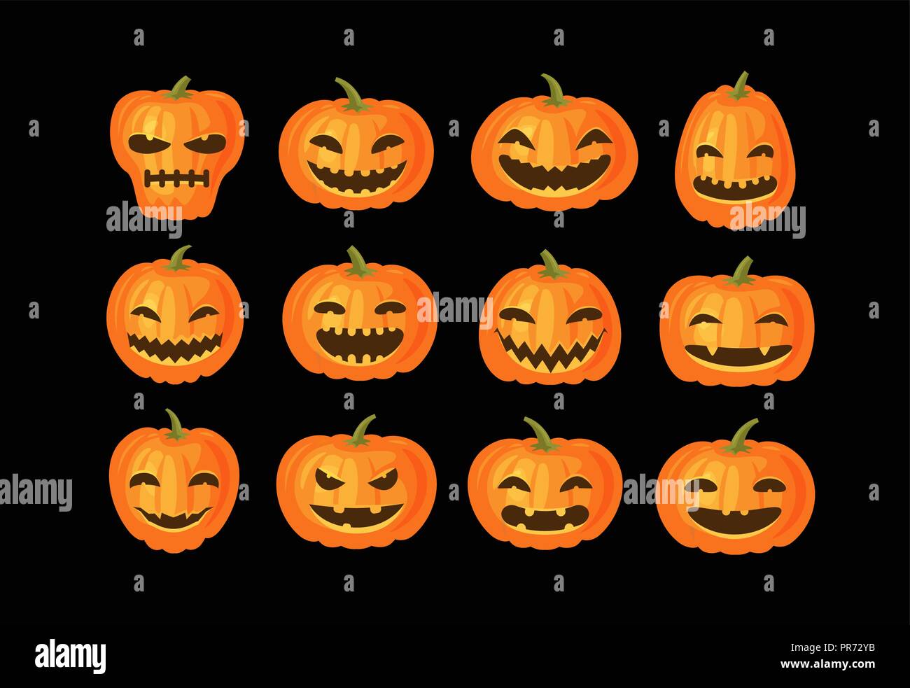Funny pumpkins, set. Halloween symbol. Cartoon vector illustration Stock Vector