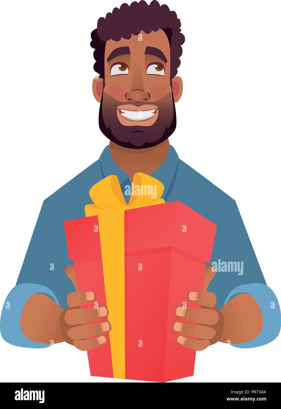 Businessman gives a gift. African american man giving valentine gift. African man holding red present box Stock Vector