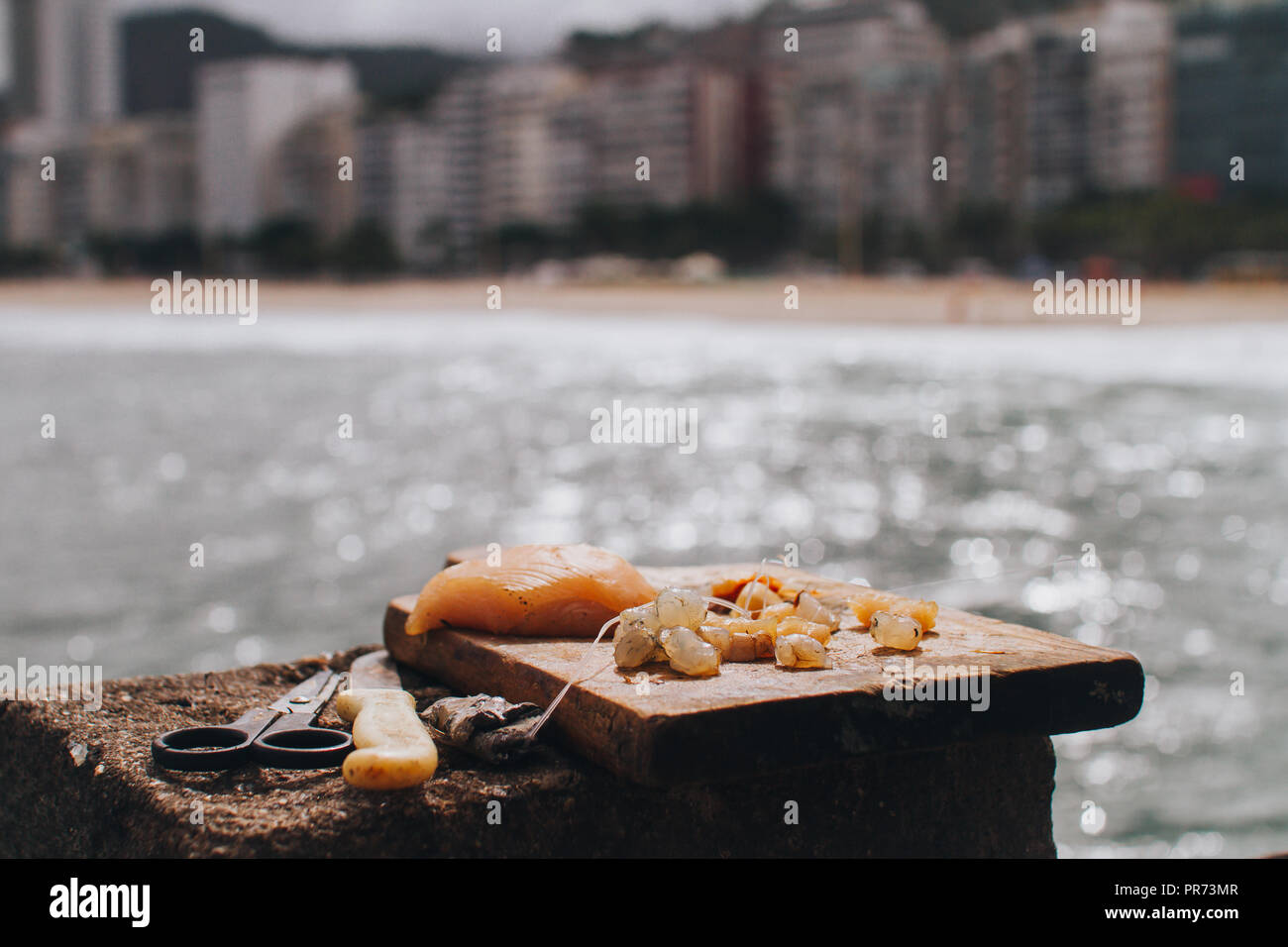 fishing equipment and bait on a stake in Rio de Janeiro Stock Photo