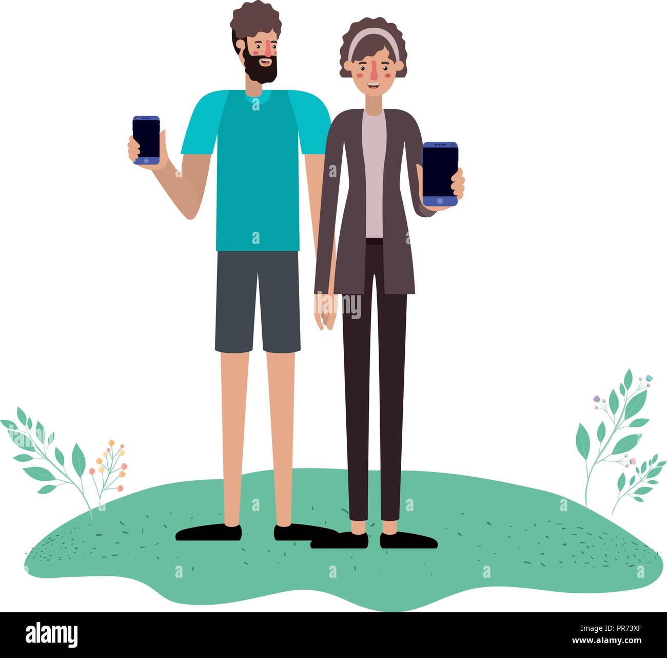 young couple using smartphone in grass vector illustration design Stock ...
