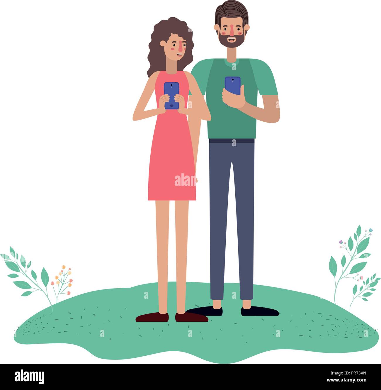 young couple using smartphone in grass vector illustration design Stock ...