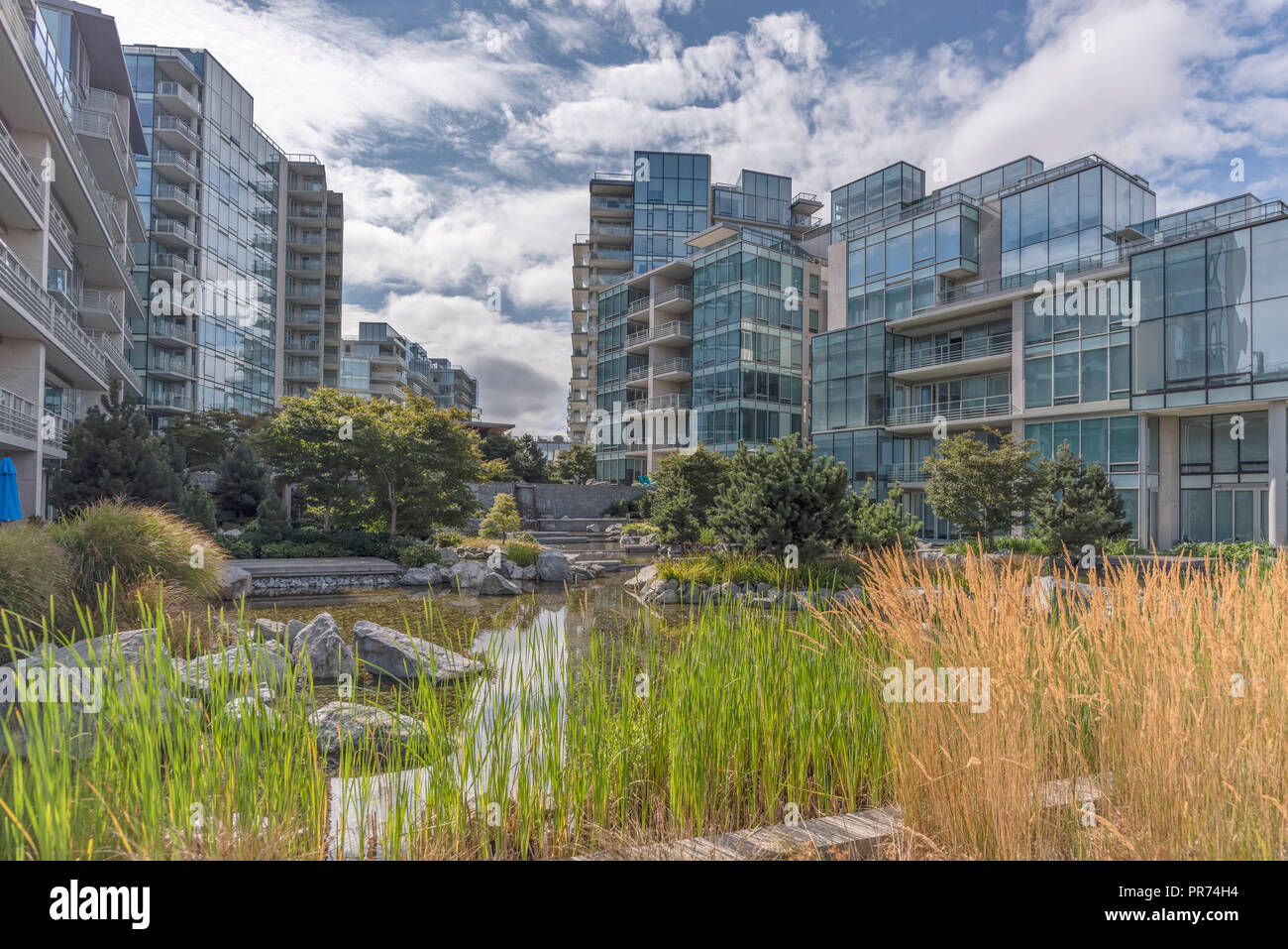 pond with stones, trees and bushes surrounded by new, modern high-rise residential buildings, a blue sky and white clouds in the back Stock Photo