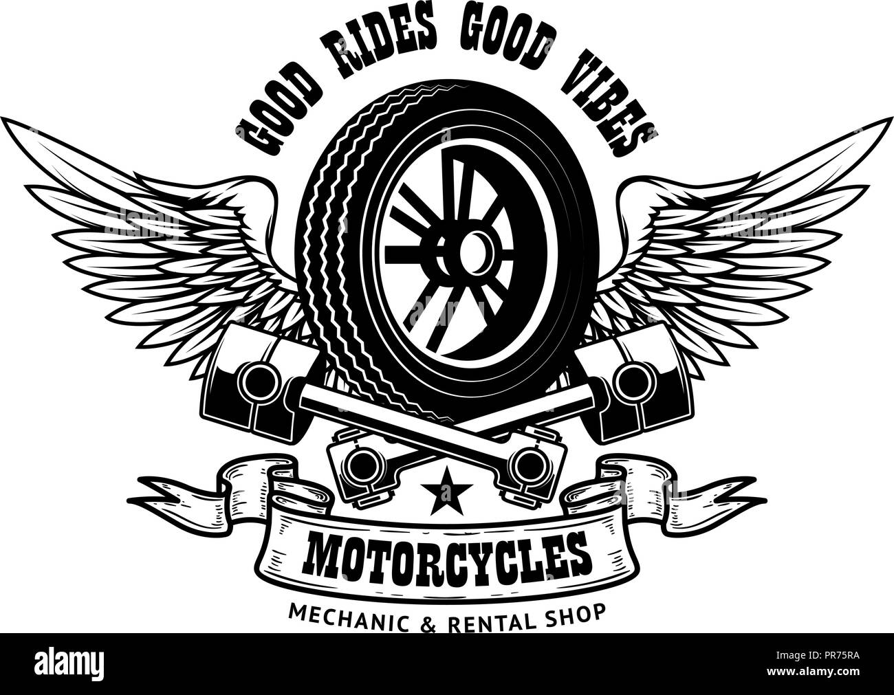 Good rides good vibes. Emblem template with winged wheel and pistons