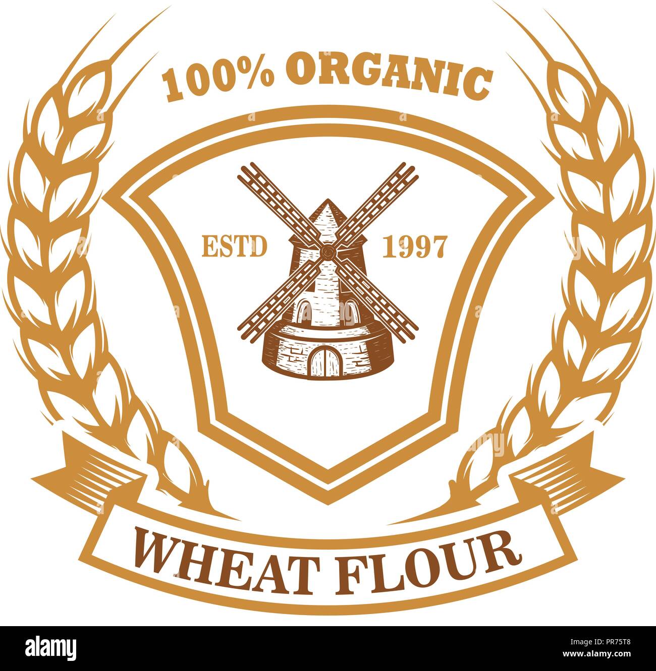 Wheat flour label template with wind mill. Design element for logo, emblem, sign, poster, t shirt. Vector illustration Stock Vector