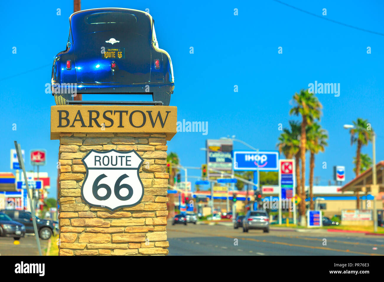 Barstow, California, USA - August 15, 2018: Barstow Sign on Route 66, the city's Main Street in San Bernardino County, an important transportation center for Inland Empire in Southern California. Stock Photo