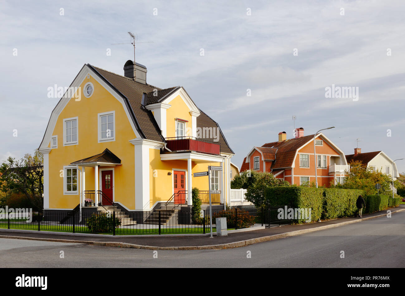 Orebro, Sweden - September 16, 2018: One-family houses with mansard roofs built during the early 1920s at the Hemmansvagen street. Stock Photo