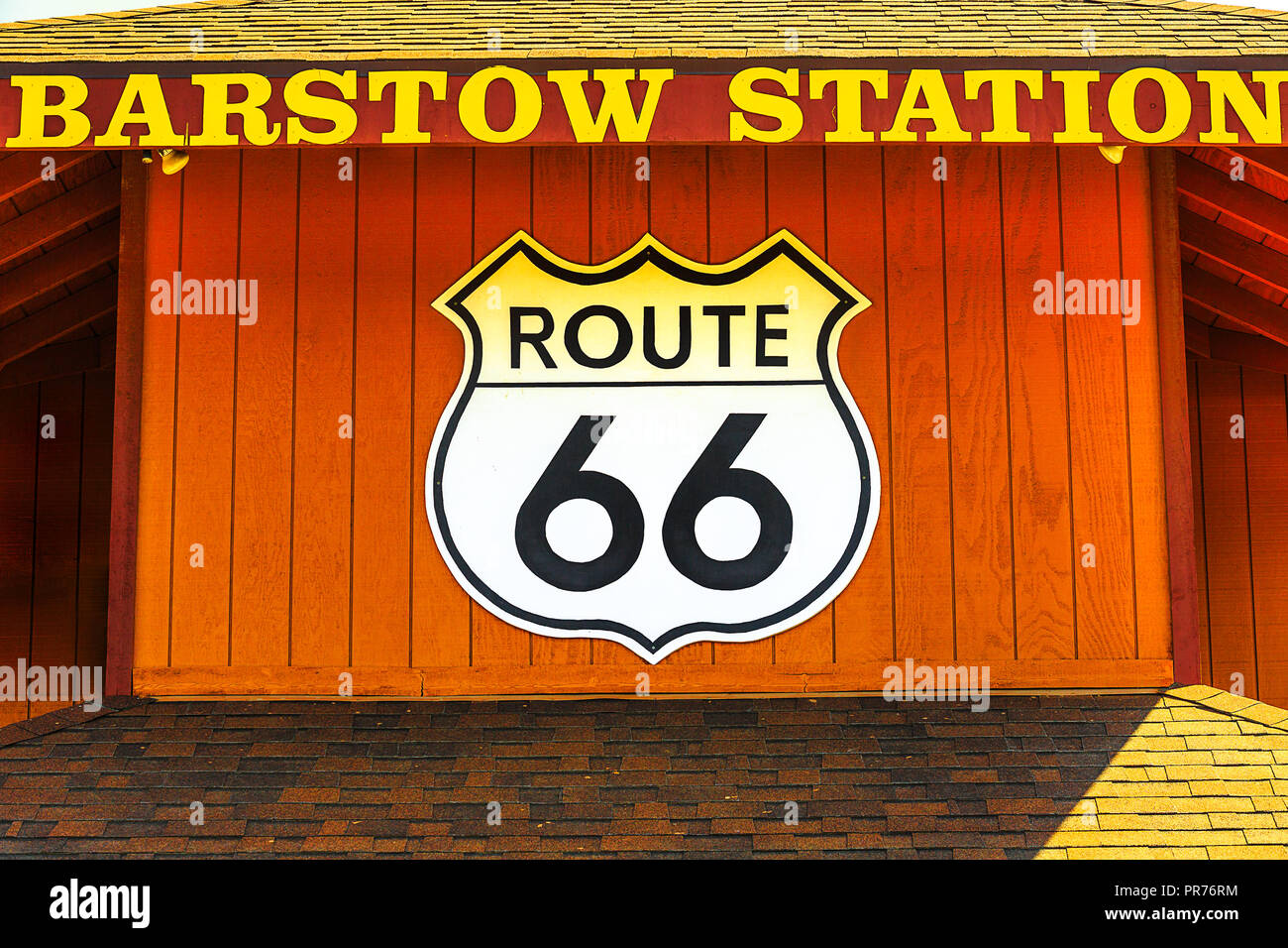Barstow, California, USA - August 15, 2018: famous Barstow Station on Main Street or Americas Freeway Route 66. Here it is: McDonald's, Panda Express, Subway, Dunkin Donuts and Route 66 Hot Dog Stands Stock Photo