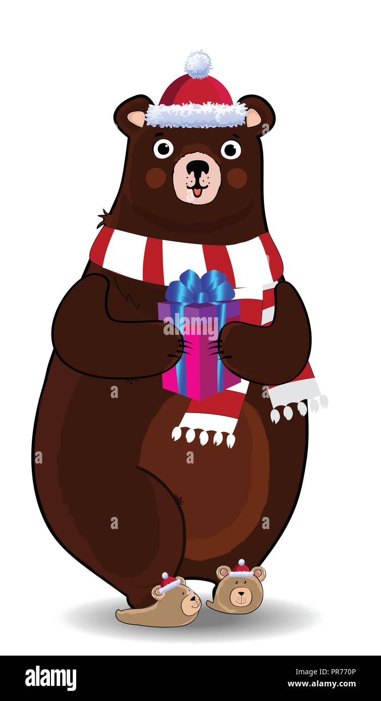 Vector illustration of cute cartoon bear character in red santa hat and ...