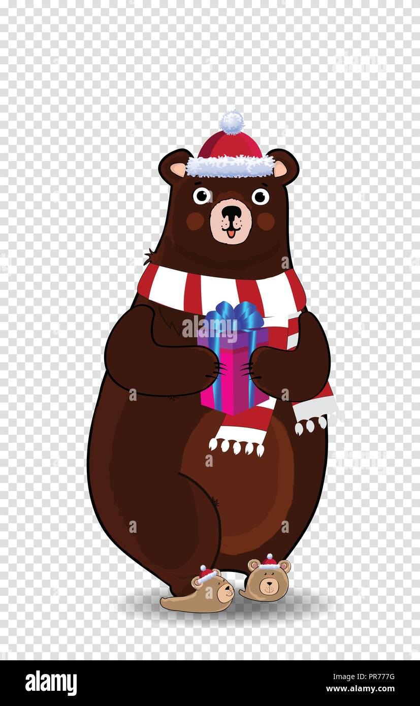 Vector illustration of cute cartoon bear character in red santa hat and ...