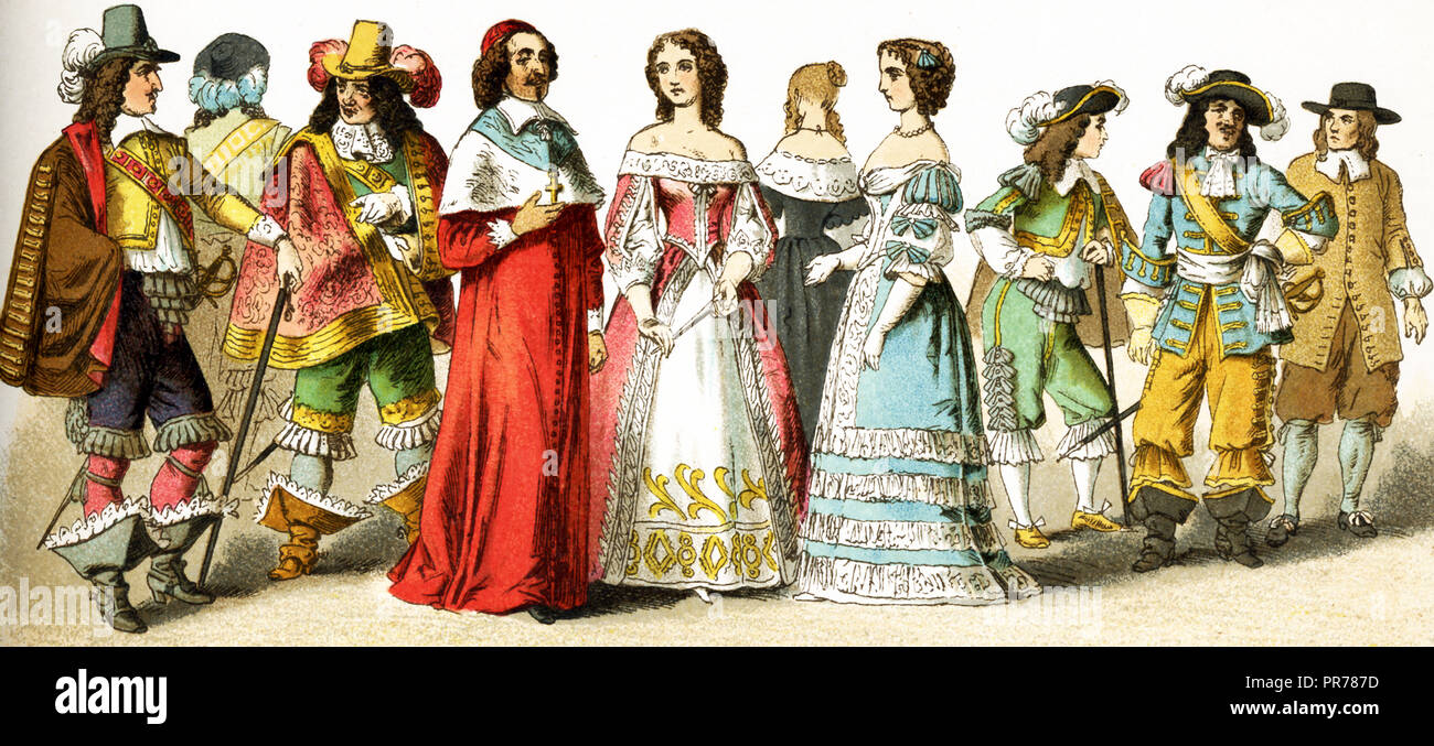 The Figures represented here are all French people living in the 17th century, specifically between 1600 and 1670. They are, from left to right, three lords of the court, Cardinal Mazarin, three ladies of the court; lord of the court; soldier; peasant. The illustration dates to 1882. Stock Photo