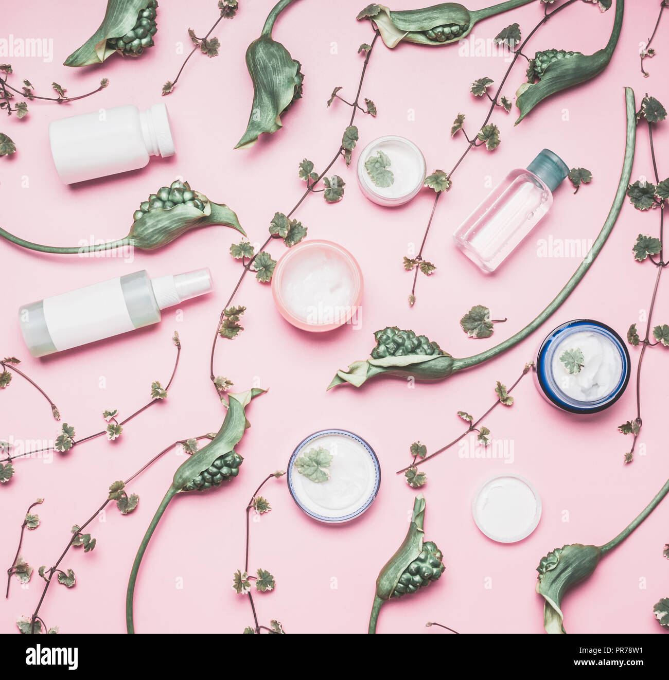 Modern cosmetic flat lay with bottles and facial cream, plants and ...