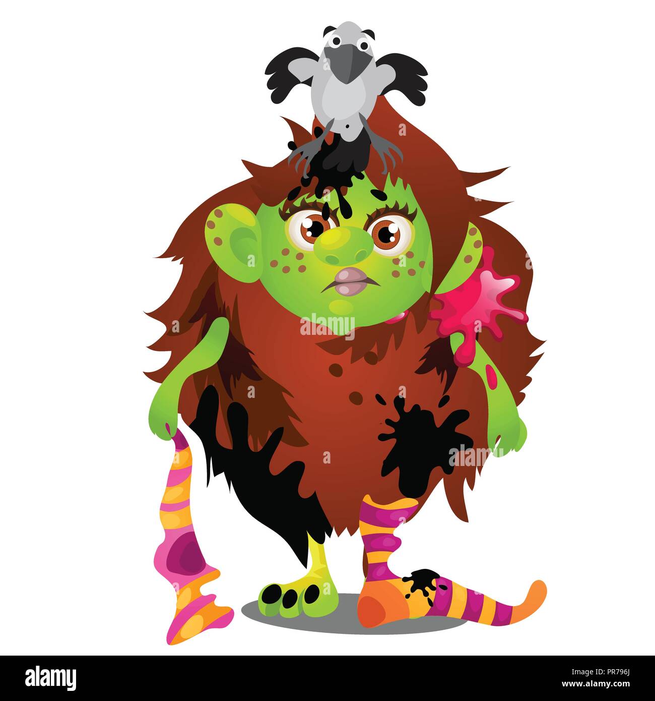 Forest witch with pet bird magpie on her head isolated on white background. Sketch for a poster or card for the holiday of all evil spirits Halloween. Vector cartoon close-up illustration. Stock Vector