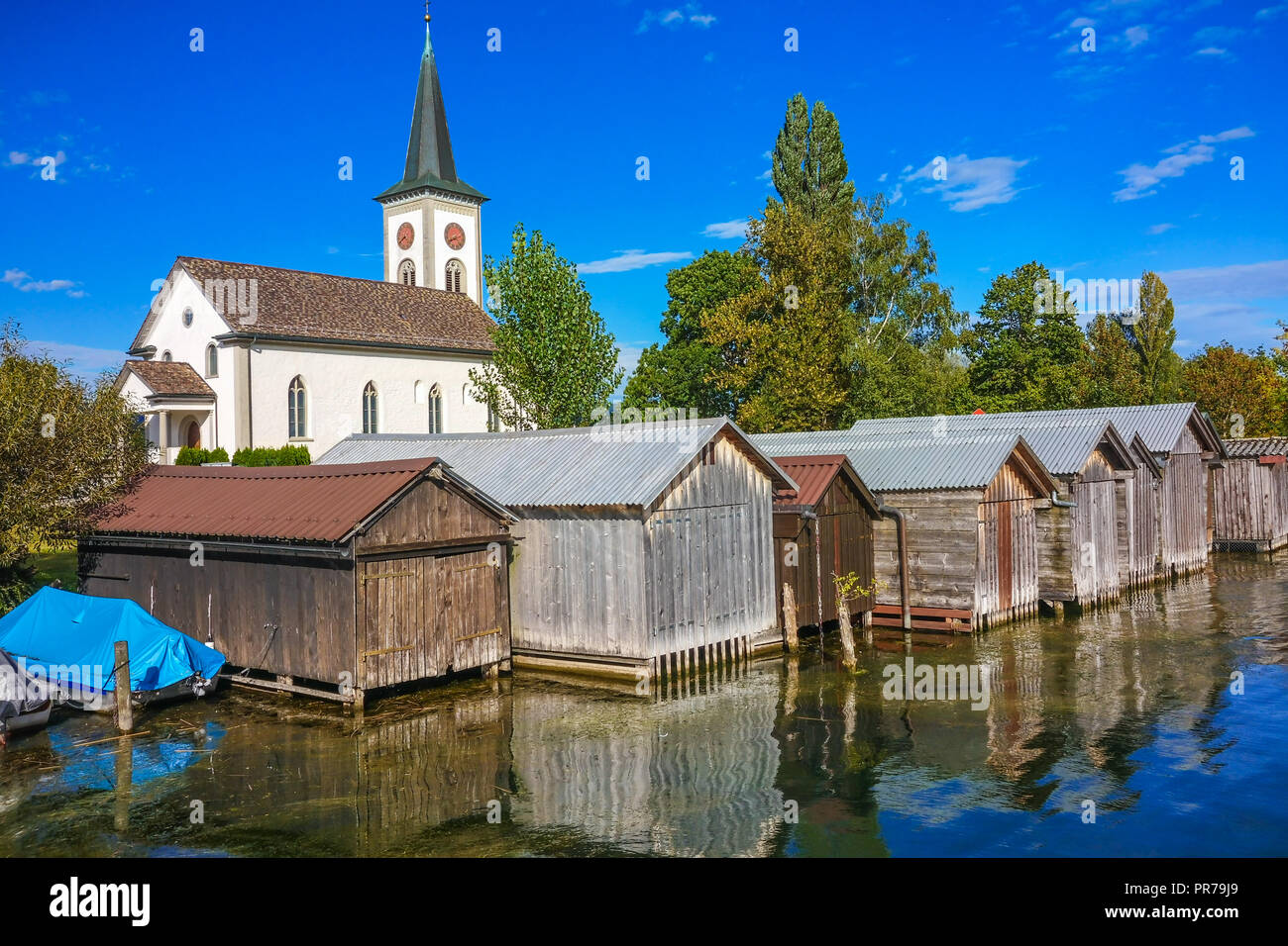 The beautiful historical village of Busskirch on the shores of the Upper Zurich Lake (Obersee), Rapperswil-Jona, Sankt Gallen, Switzerland Stock Photo