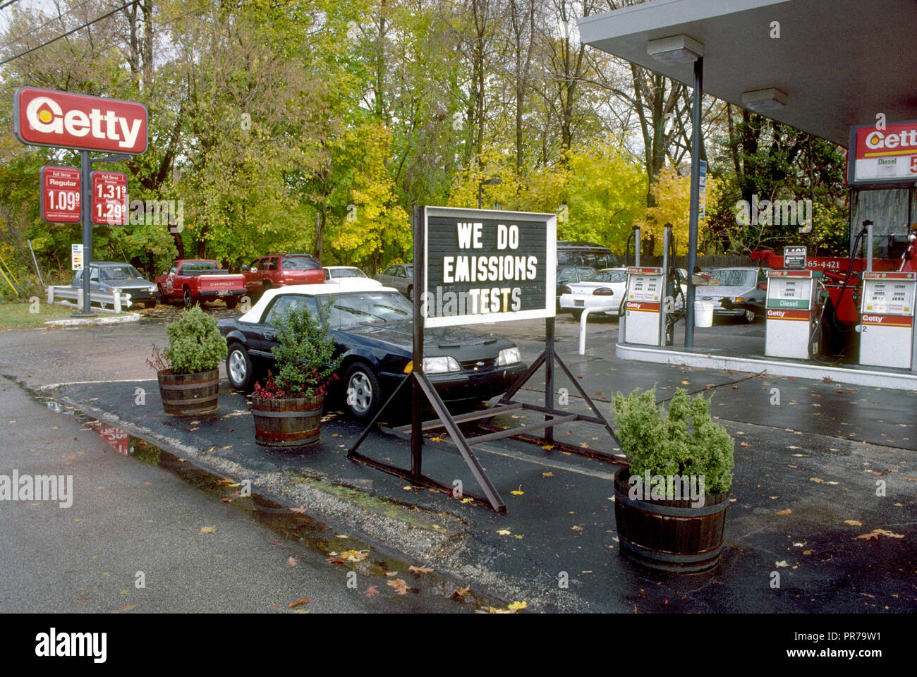Emissions testing sign at a Getty Gas Station date unknown but