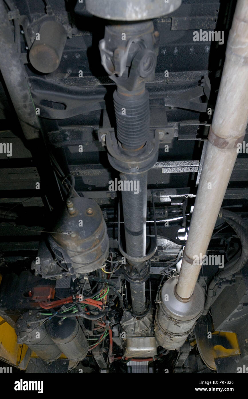 Diesel Particulate Filter in exhaust stream of diesel school bus Stock