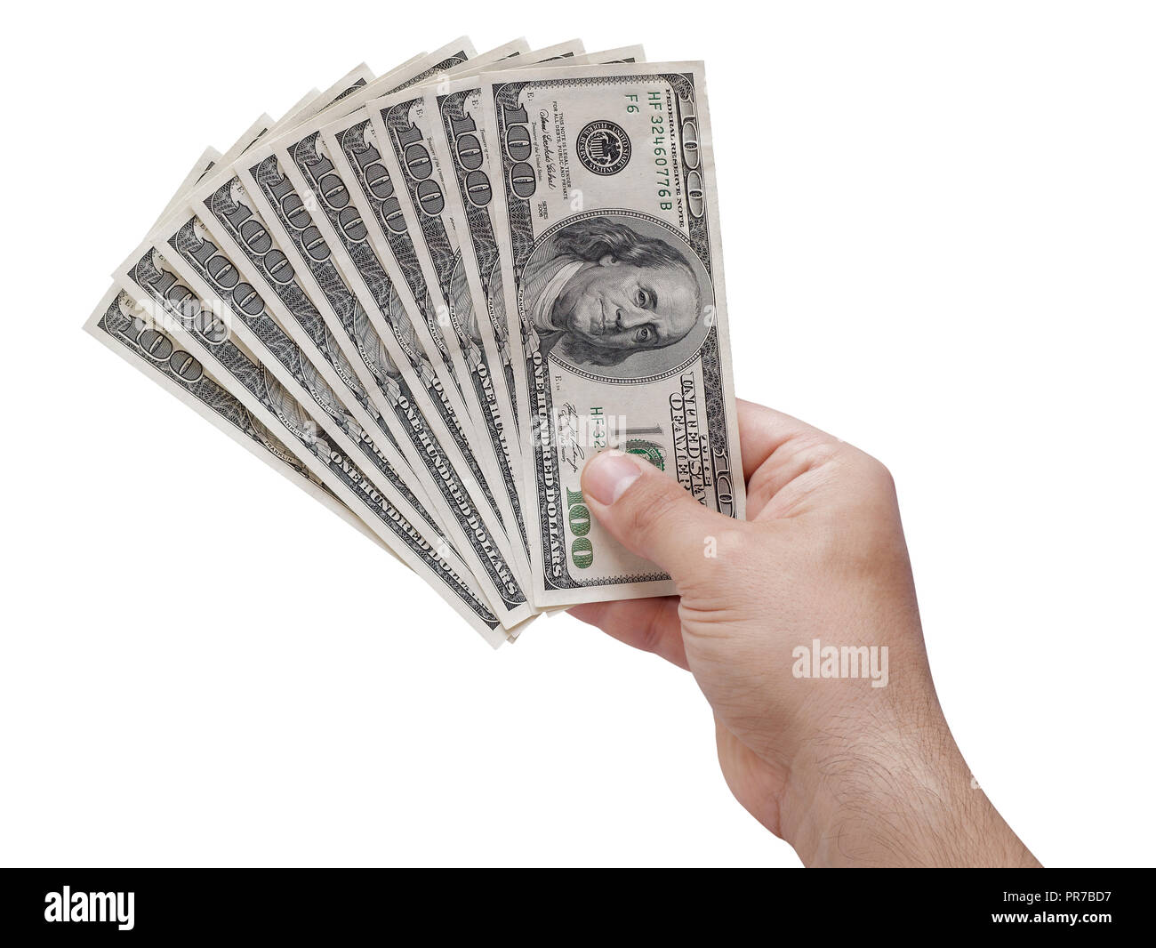 hand holding fan 100 usa or us dollars isolated Stock Photo