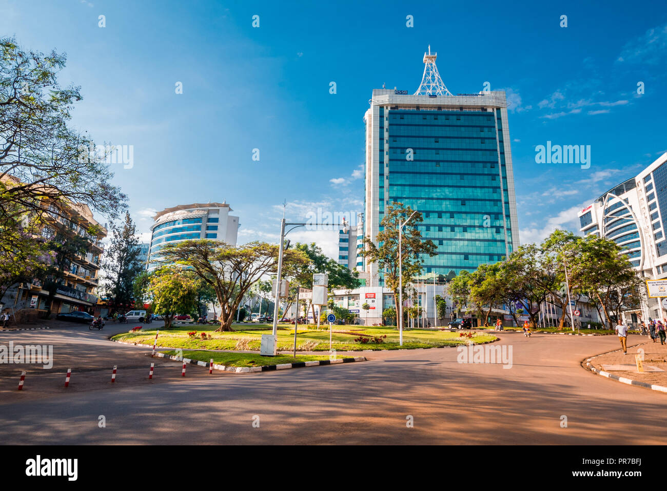 Kigali, Rwanda - September 21, 2018: Pension Plaza and surrounding buildings at the city centre roundabout Stock Photo